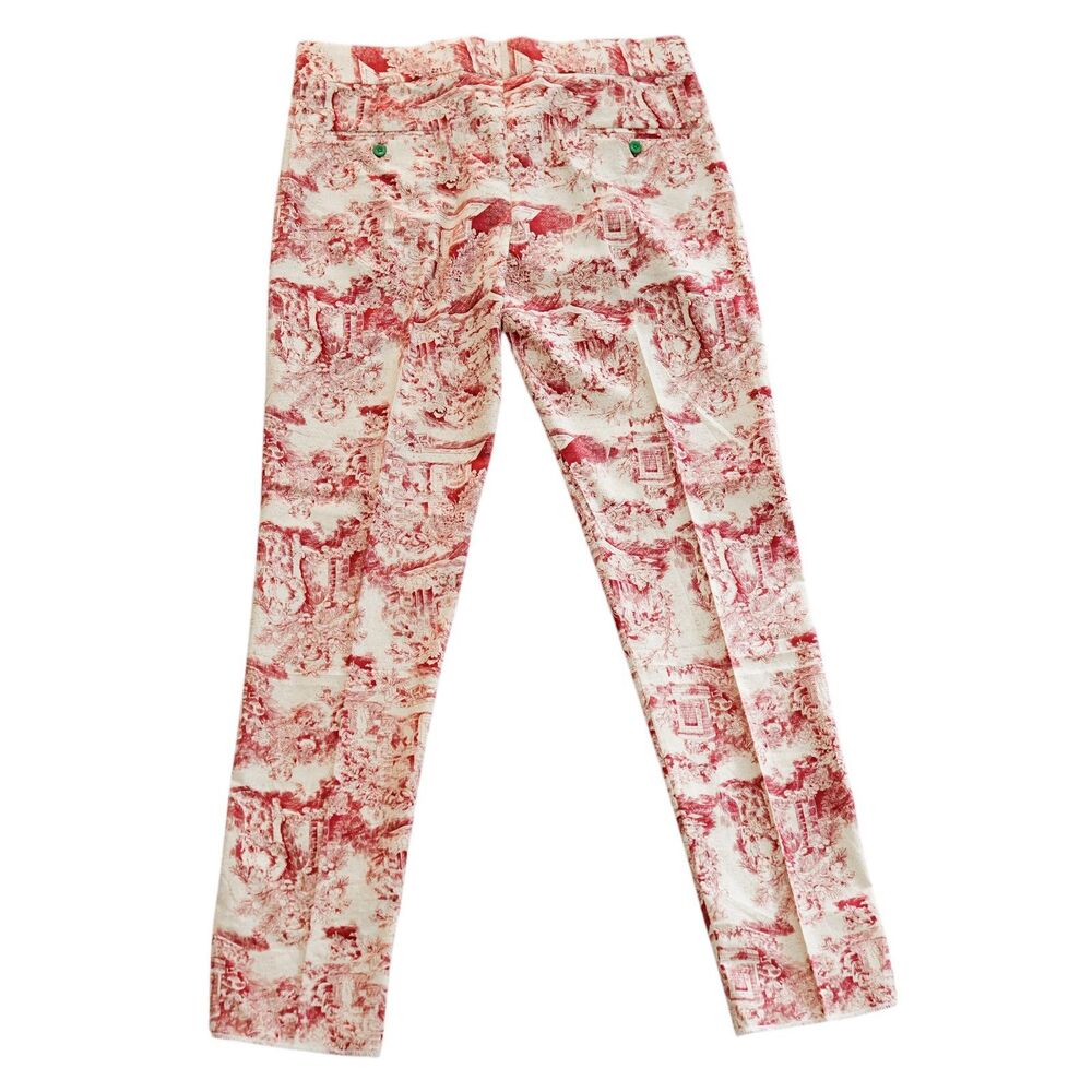 Mens 36 Red Cream Graphic Print Gurkha Pants Cotton Flat Front Slim Fit Trousers - Picture 4 of 6